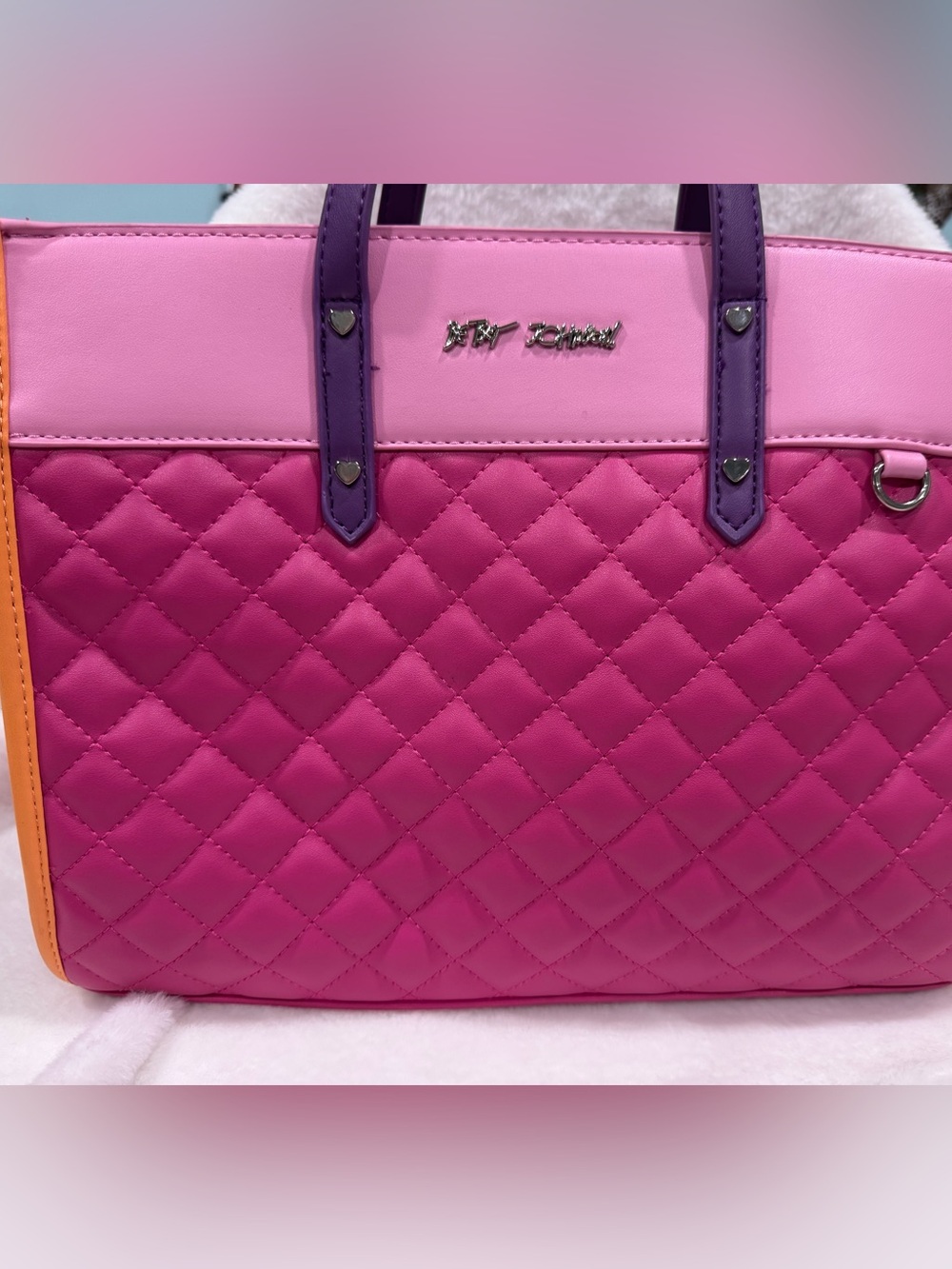 Betsey Johnson Quilted Pink Tote Bag with Purple Accents-GUC